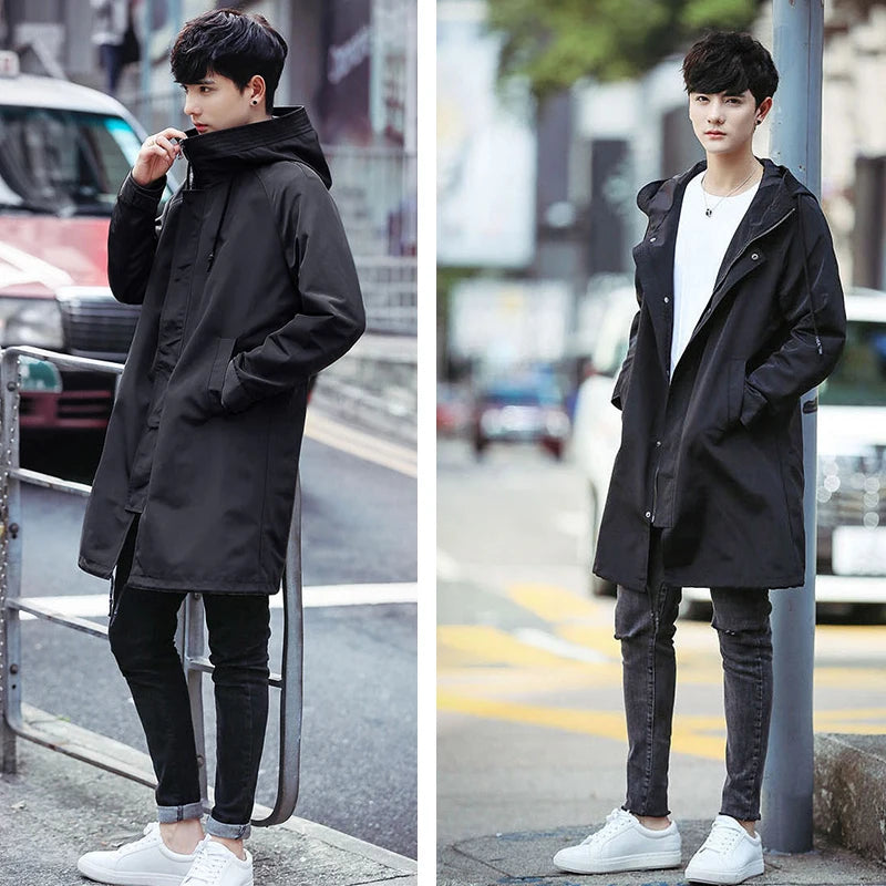 Spring Autumn Long Trench Coat Men Fashion Hooded Windbreaker Black Overcoat Casual Jackets