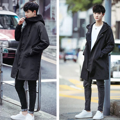 Spring Autumn Long Trench Coat Men Fashion Hooded Windbreaker Black Overcoat Casual Jackets