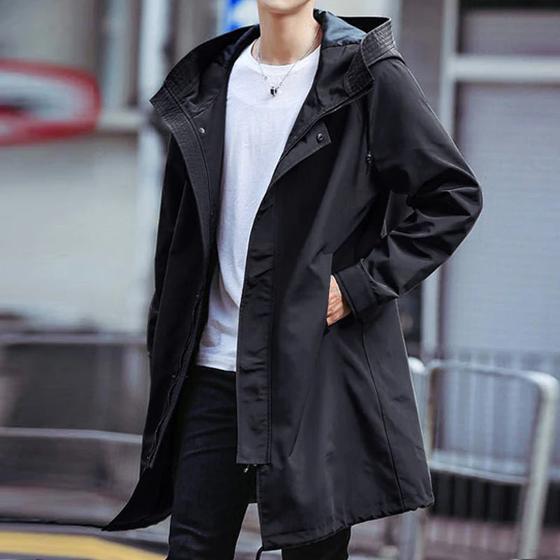 Spring Autumn Long Trench Coat Men Fashion Hooded Windbreaker Black Overcoat Casual Jackets